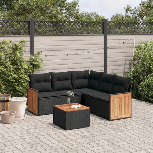 6-delige Loungeset met kussens poly rattan zwart