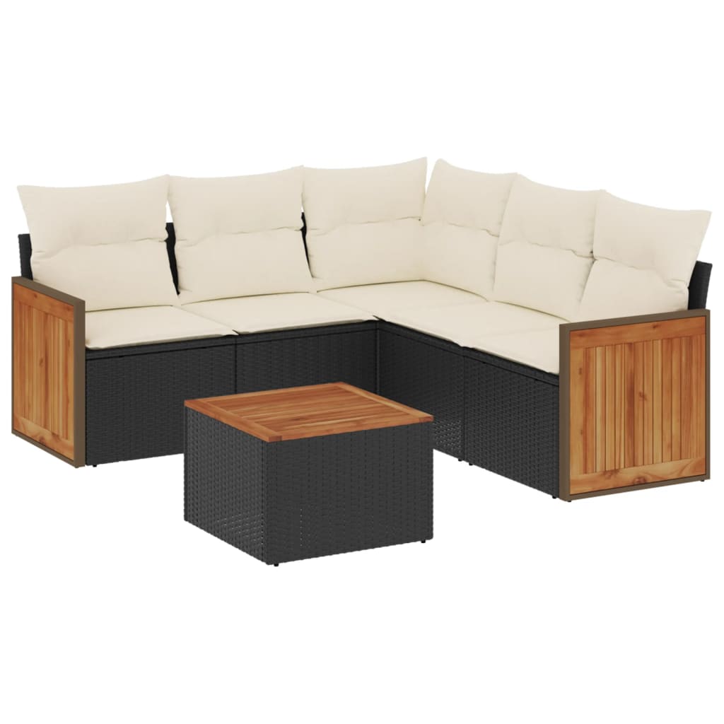 6-delige Loungeset met kussens poly rattan zwart