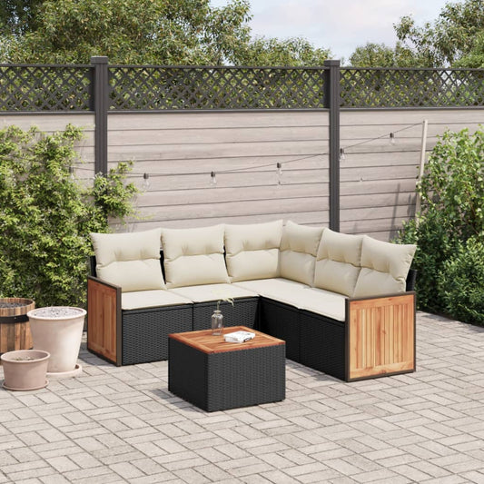 6-delige Loungeset met kussens poly rattan zwart