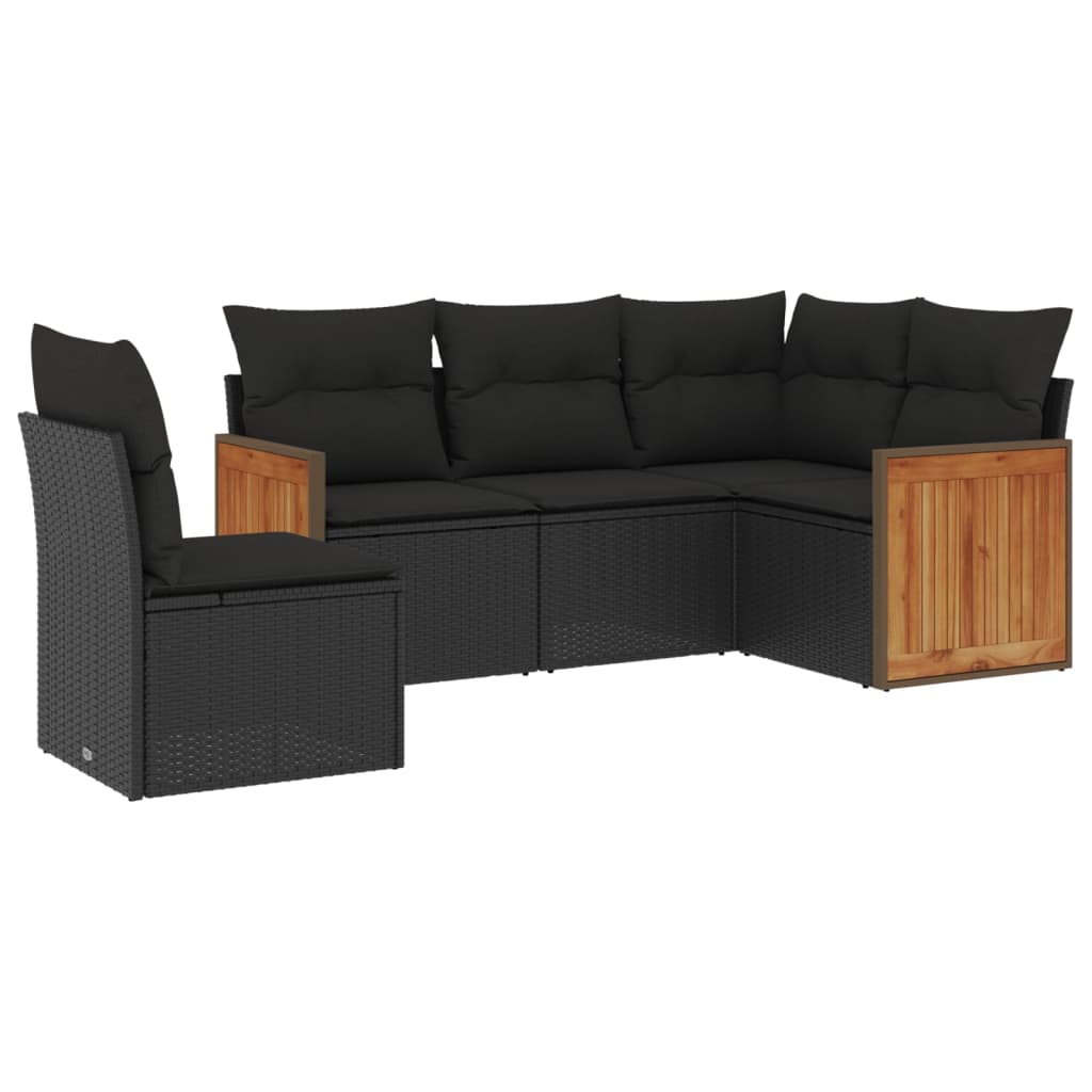 5-delige Loungeset met kussens poly rattan zwart