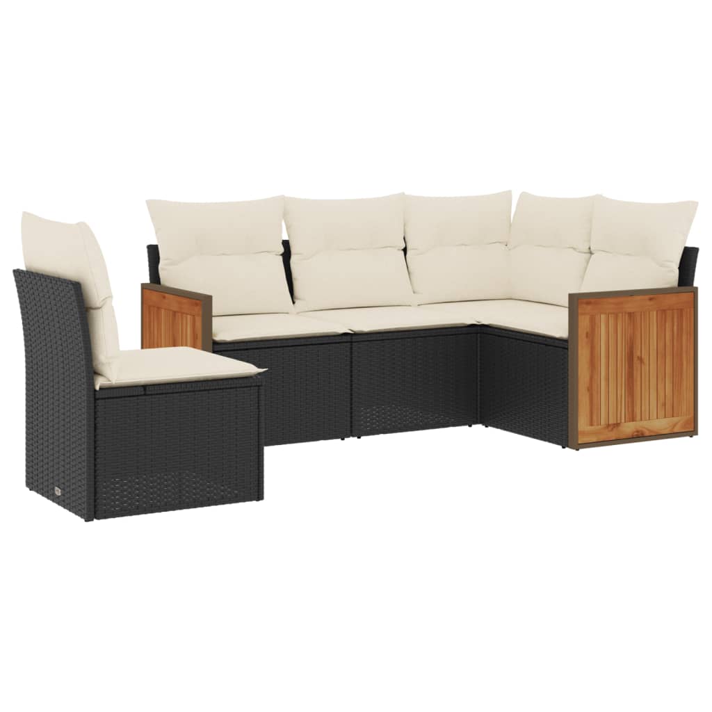 5-delige Loungeset met kussens poly rattan zwart