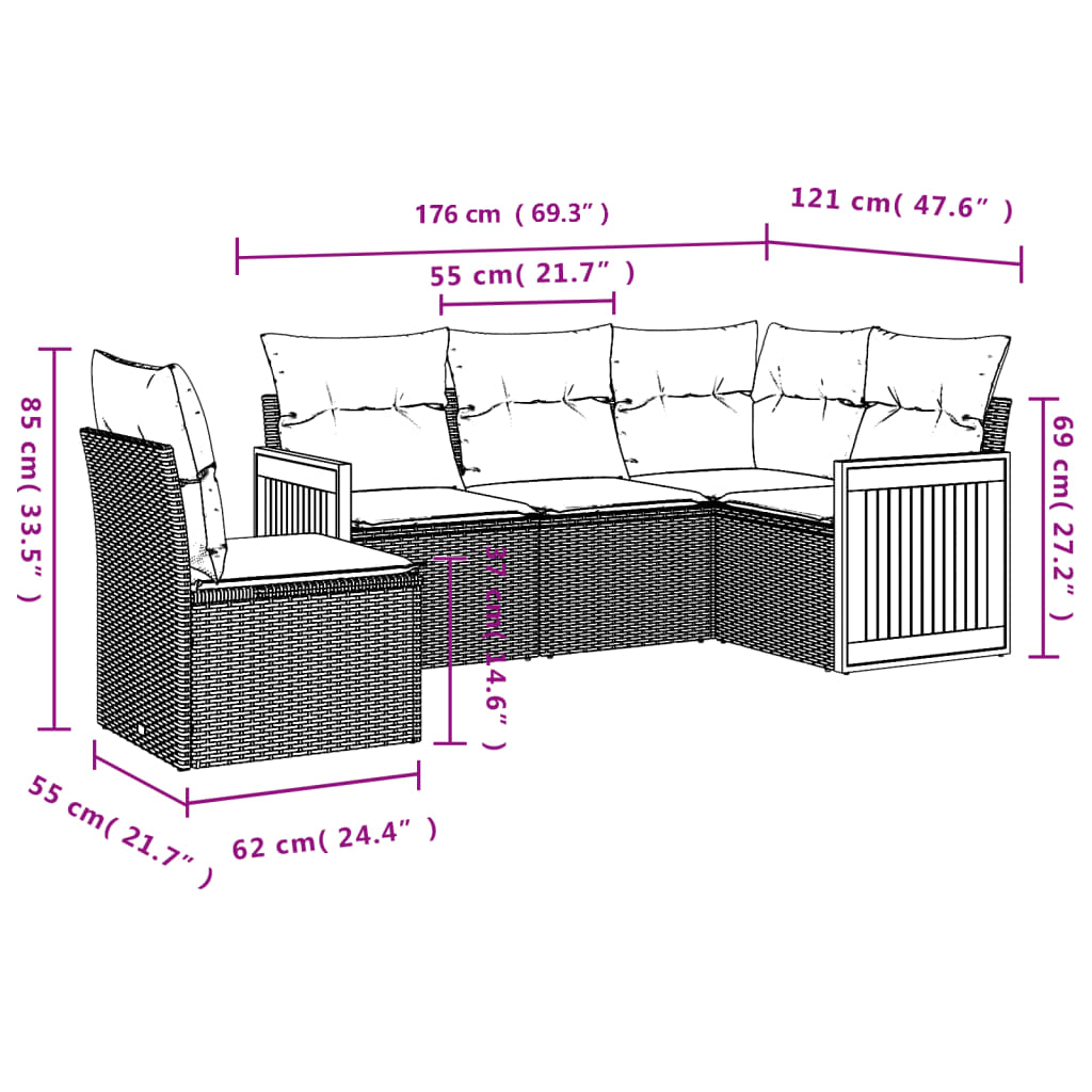 5-delige Loungeset met kussens poly rattan zwart