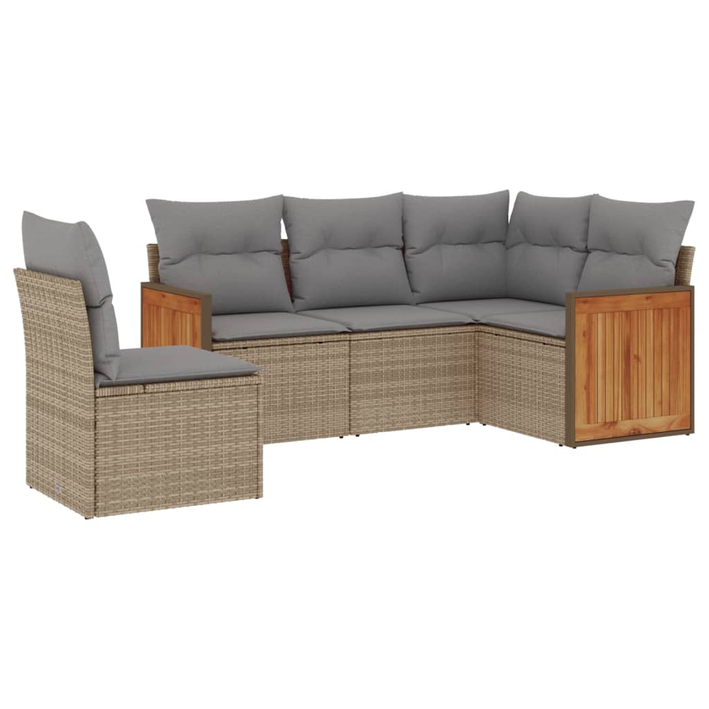 5-delige Loungeset met kussens poly rattan beige