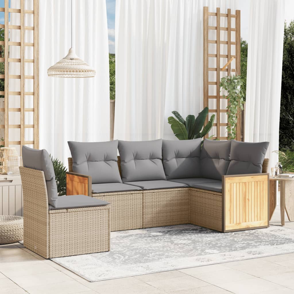 5-delige Loungeset met kussens poly rattan beige