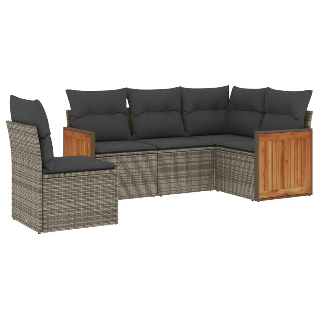 5-delige Loungeset met kussens poly rattan grijs