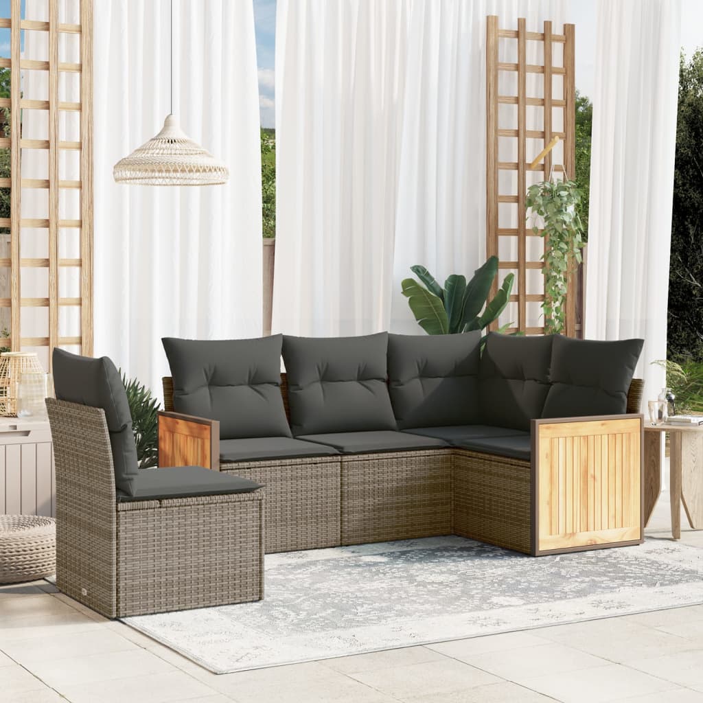 5-delige Loungeset met kussens poly rattan grijs