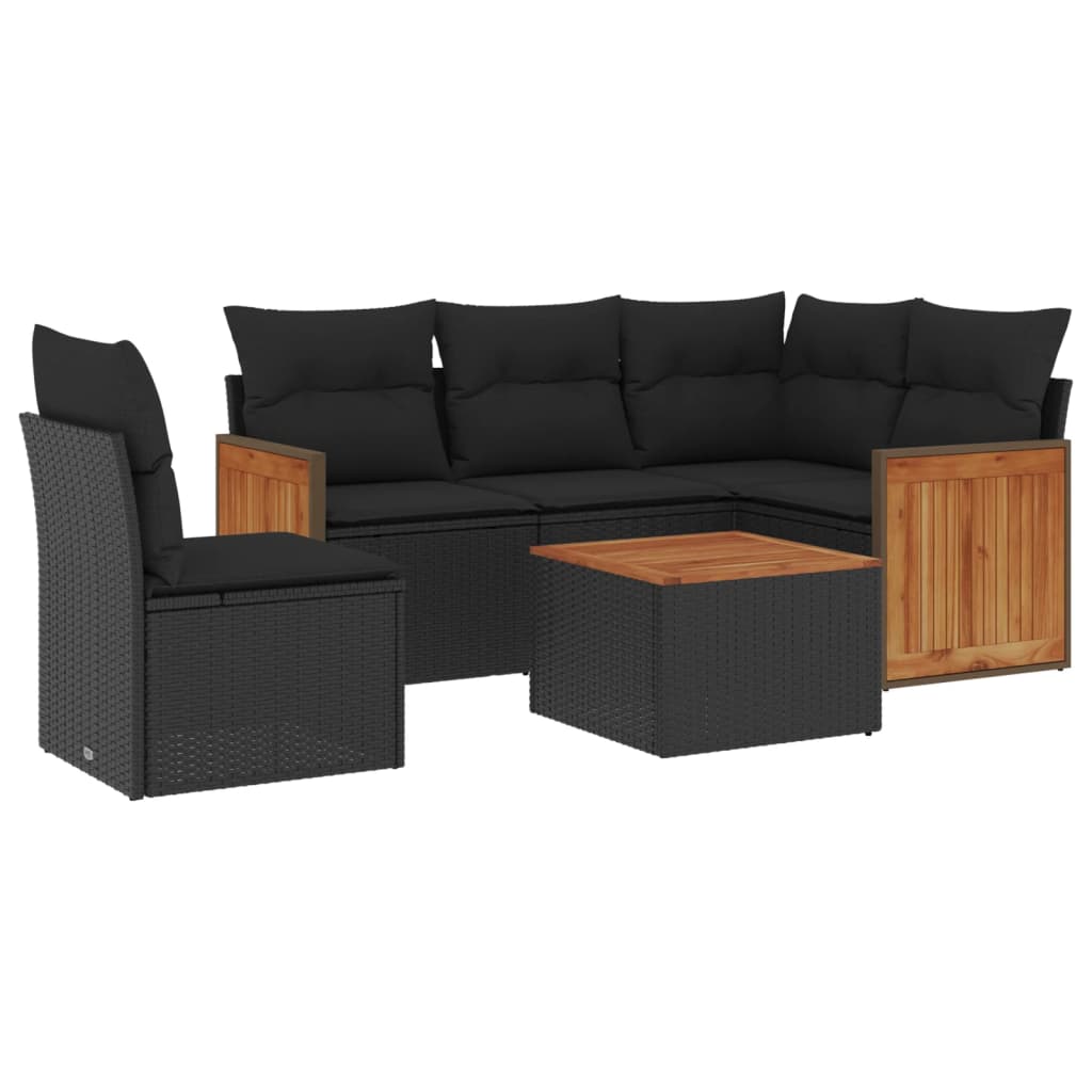 6-delige Loungeset met kussens poly rattan zwart