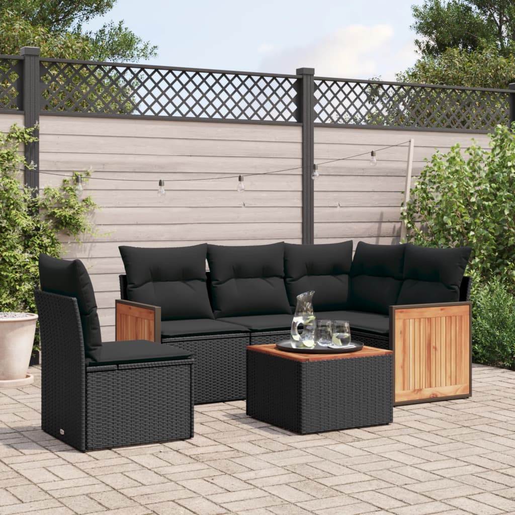 6-delige Loungeset met kussens poly rattan zwart