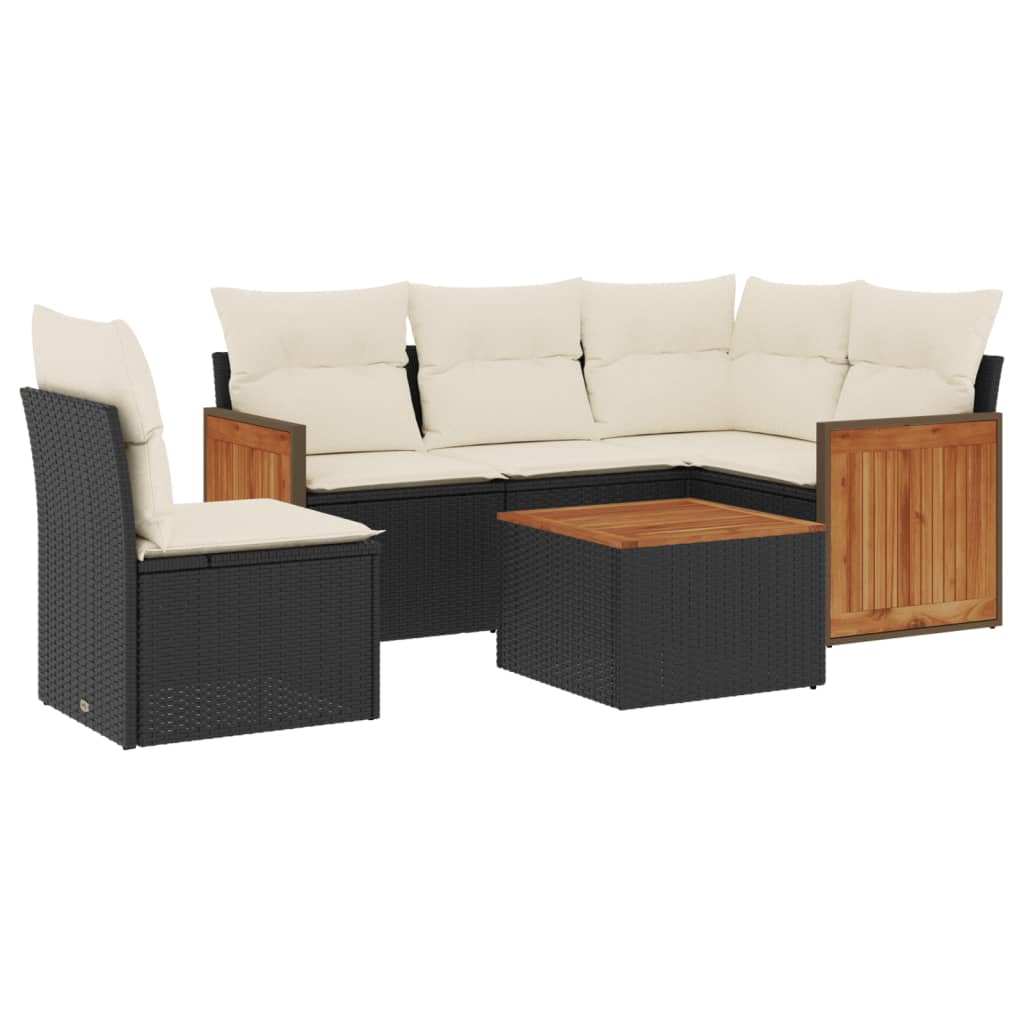 6-delige Loungeset met kussens poly rattan zwart