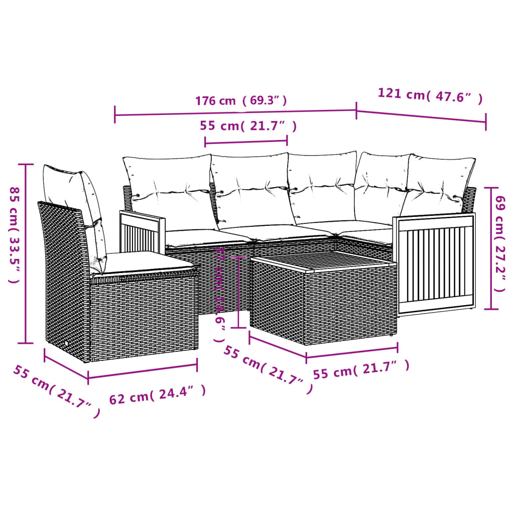 6-delige Loungeset met kussens poly rattan zwart