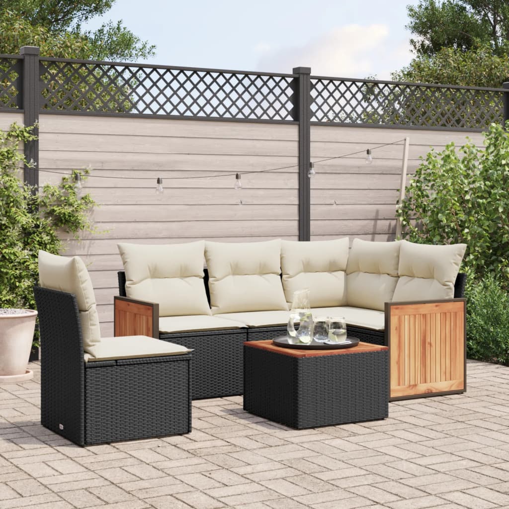 6-delige Loungeset met kussens poly rattan zwart