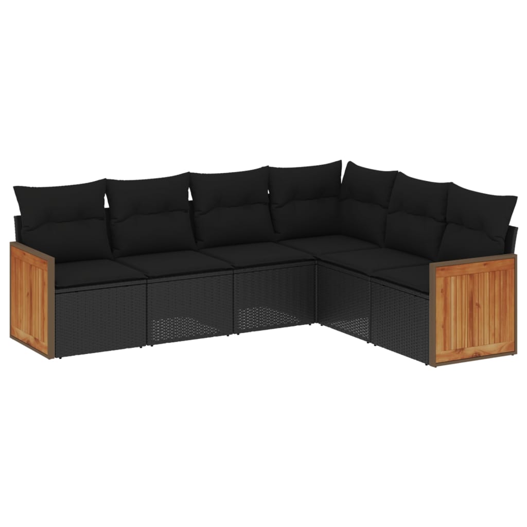 6-delige Loungeset met kussens poly rattan zwart