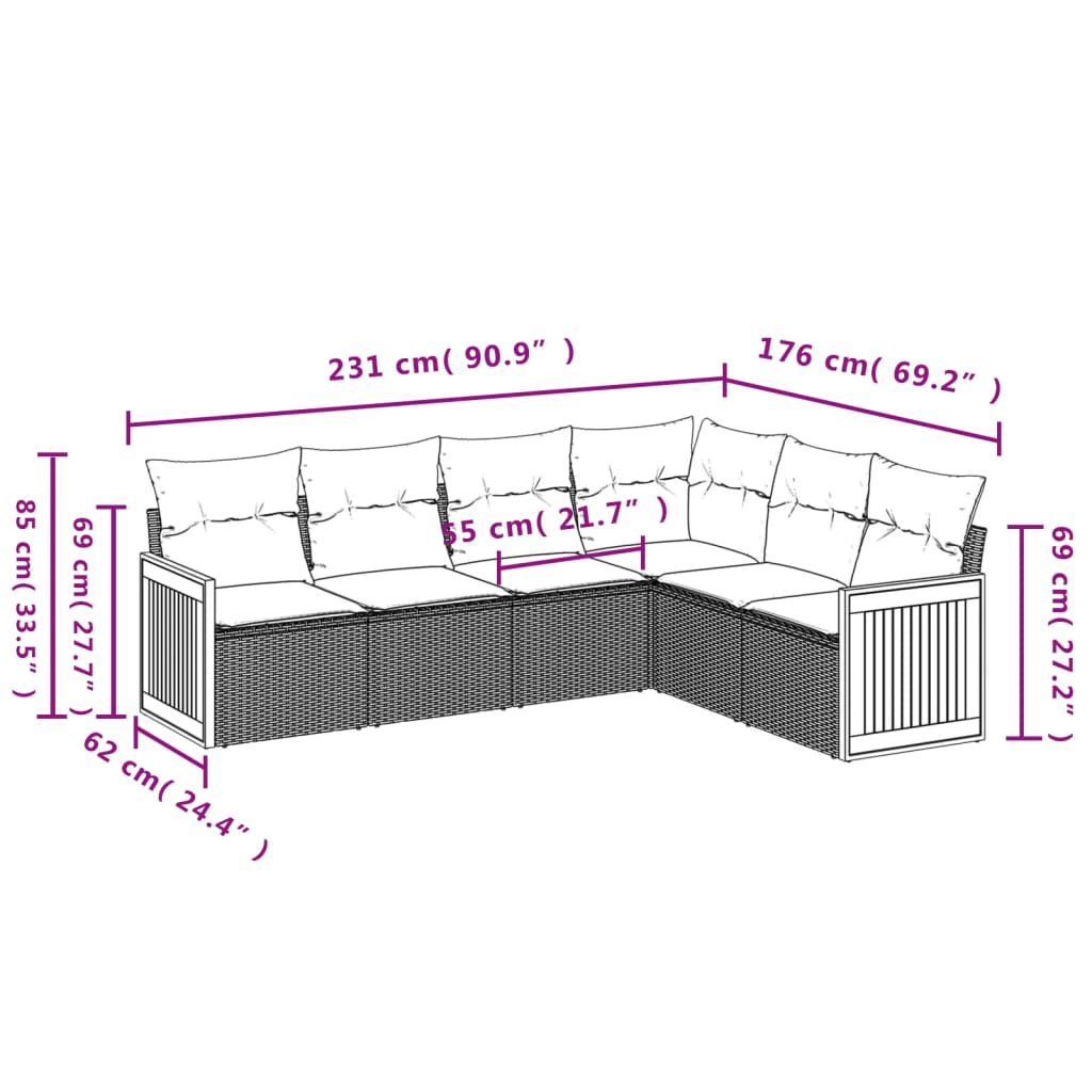 6-delige Loungeset met kussens poly rattan zwart