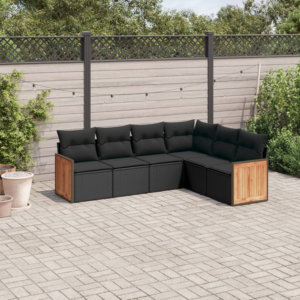 6-delige Loungeset met kussens poly rattan zwart