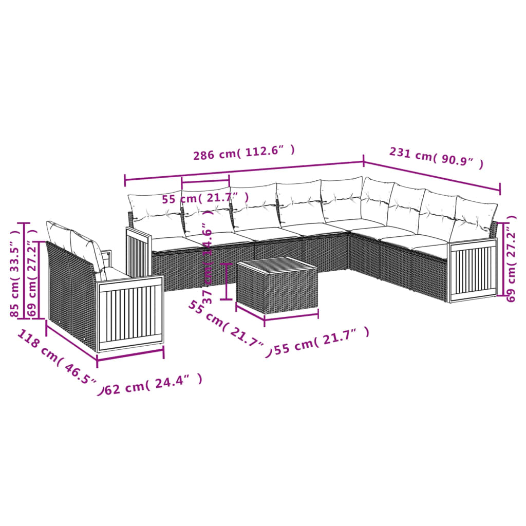 11-delige Tuinset met kussens poly rattan beige