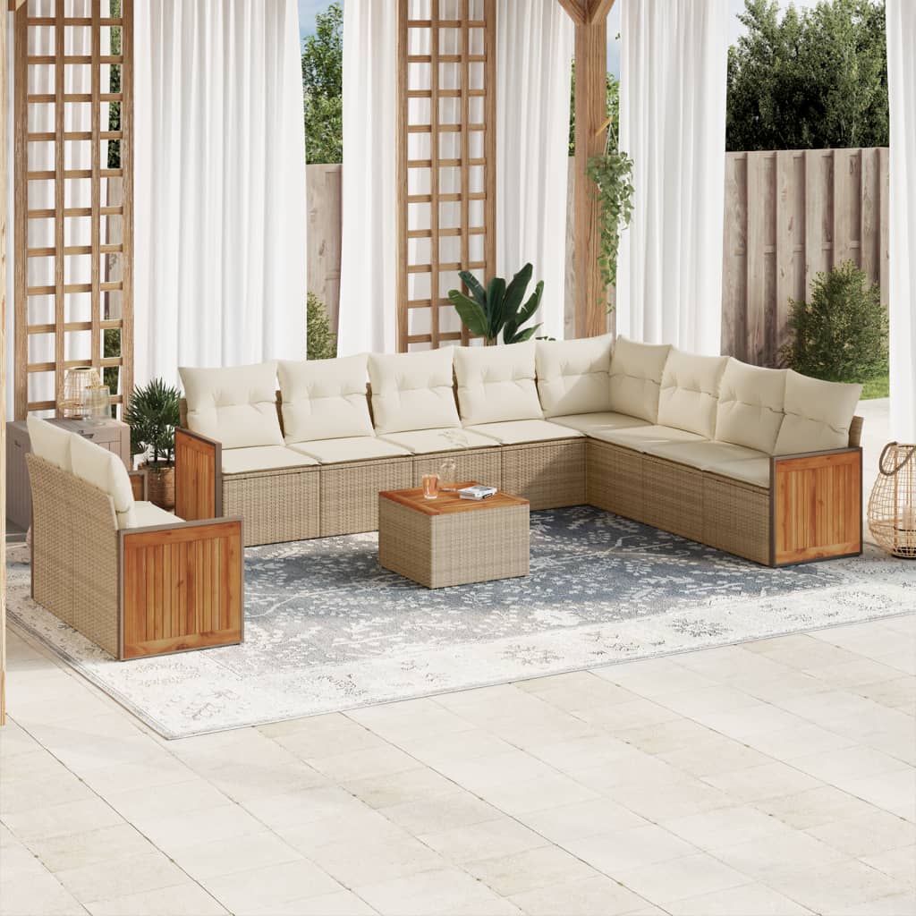 11-delige Tuinset met kussens poly rattan beige