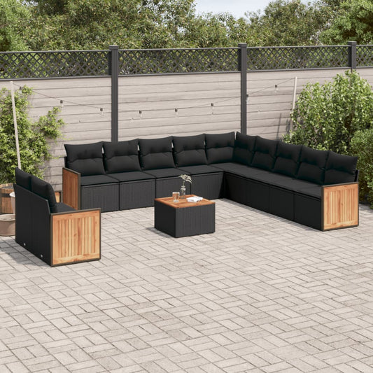 12-delige Loungeset met kussens poly rattan zwart