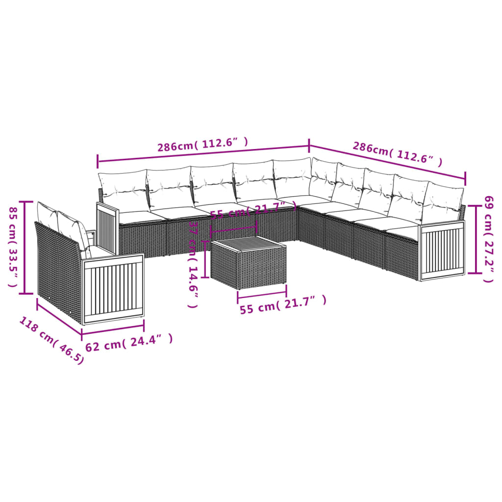 12-delige Loungeset met kussens poly rattan grijs