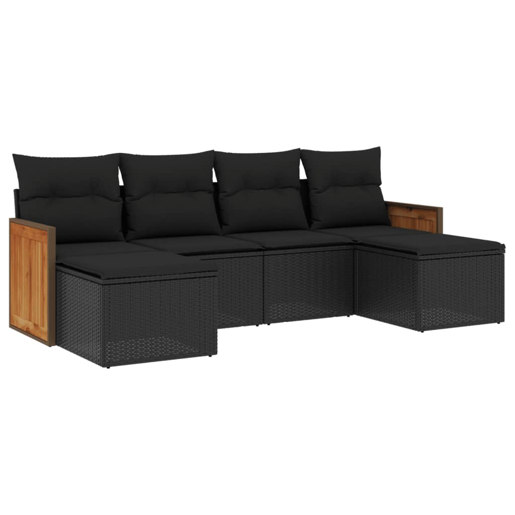 6-delige Loungeset met kussens poly rattan zwart