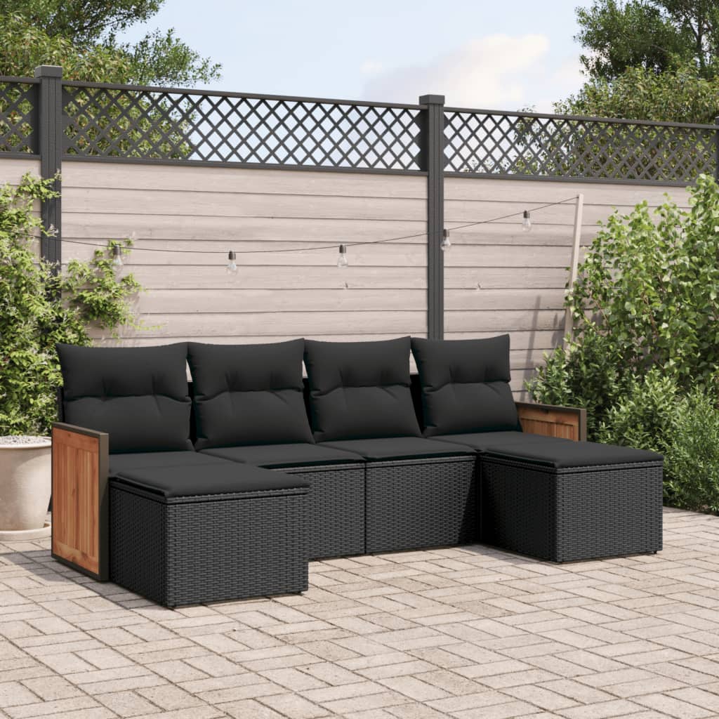 6-delige Loungeset met kussens poly rattan zwart