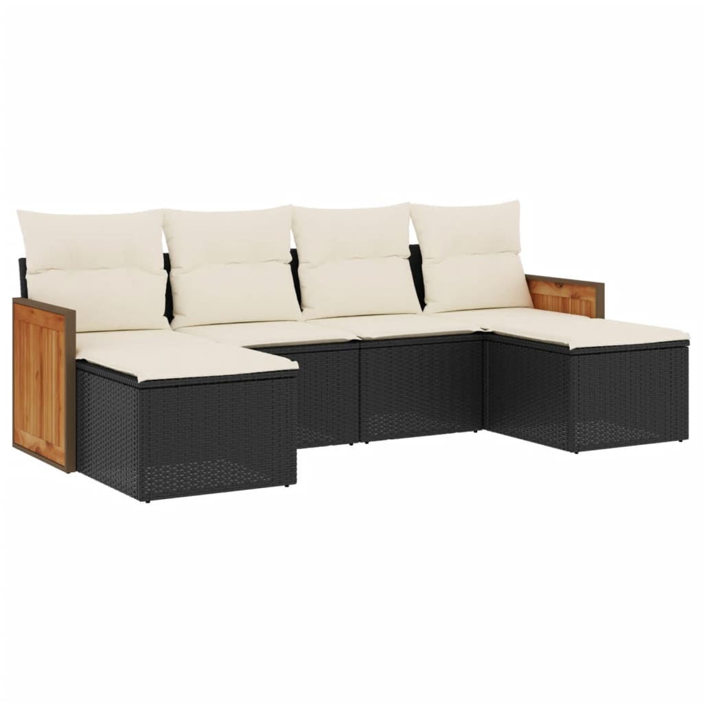 6-delige Loungeset met kussens poly rattan zwart