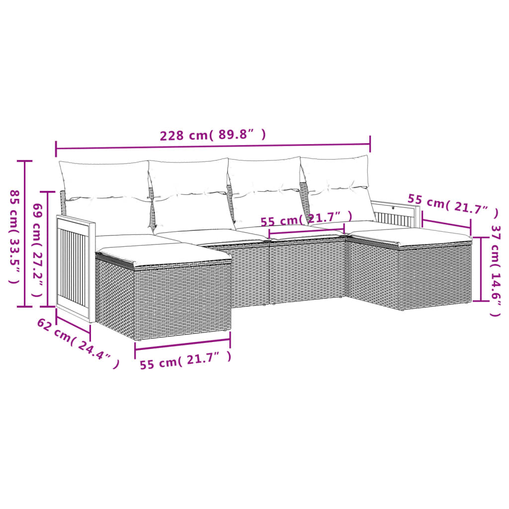 6-delige Loungeset met kussens poly rattan zwart