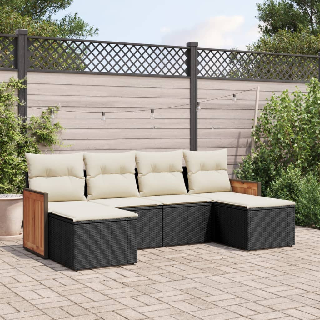 6-delige Loungeset met kussens poly rattan zwart