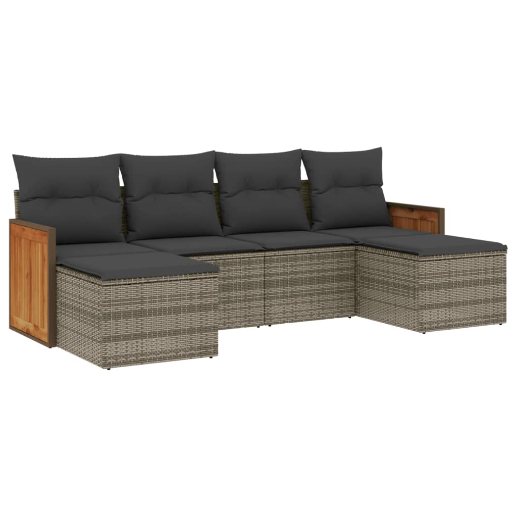 6-delige Loungeset met kussens poly rattan grijs