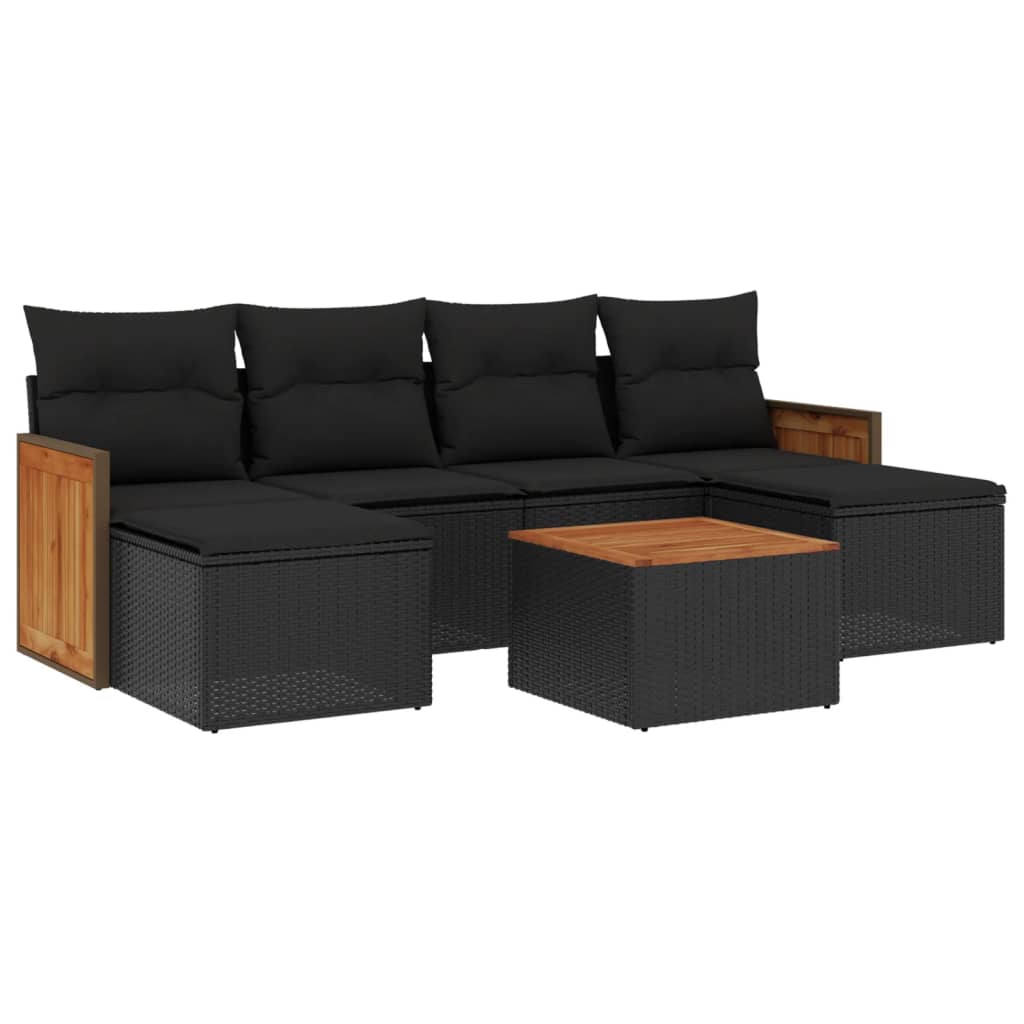 7-delige Loungeset met kussens poly rattan zwart