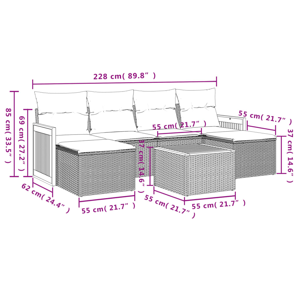 7-delige Loungeset met kussens poly rattan zwart