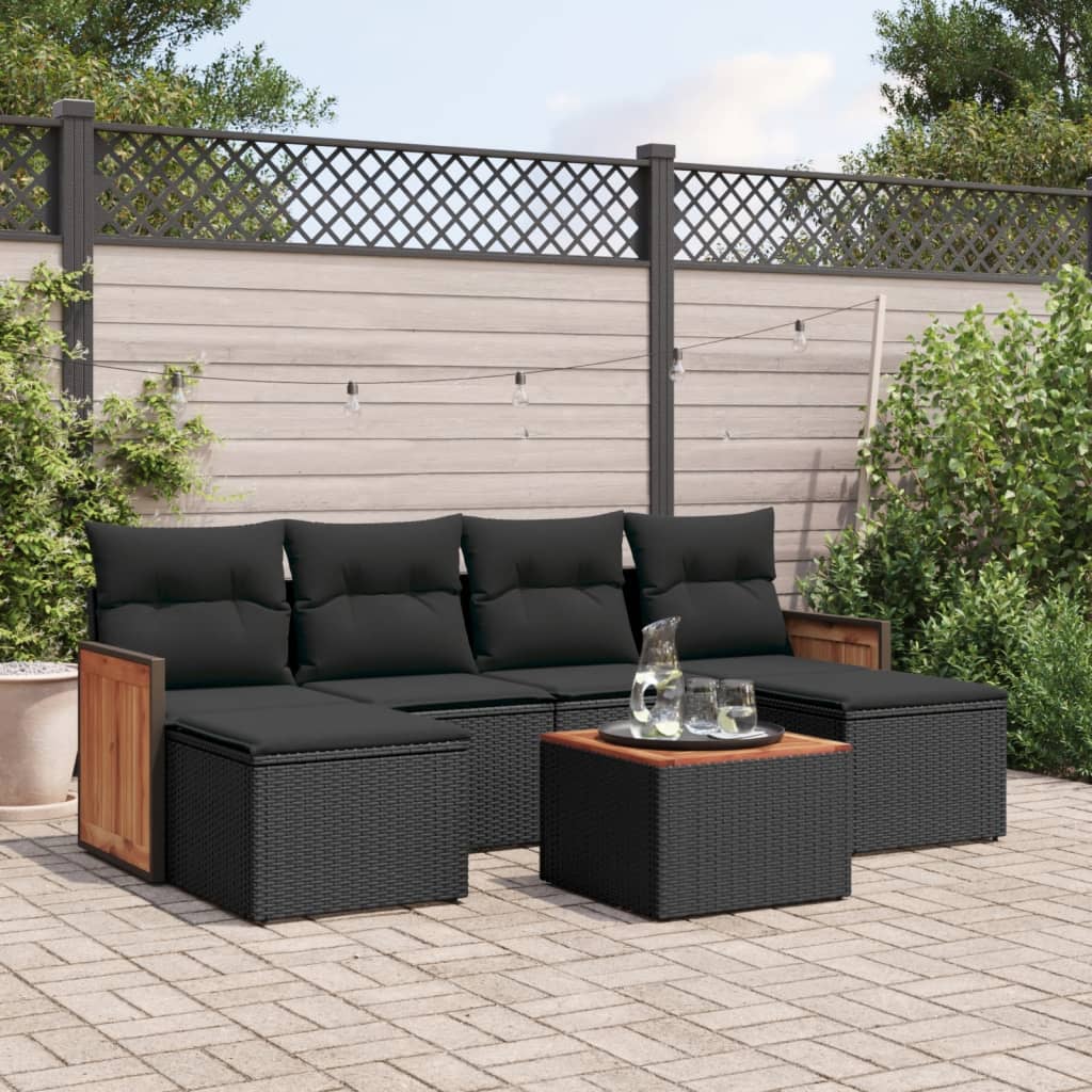 7-delige Loungeset met kussens poly rattan zwart