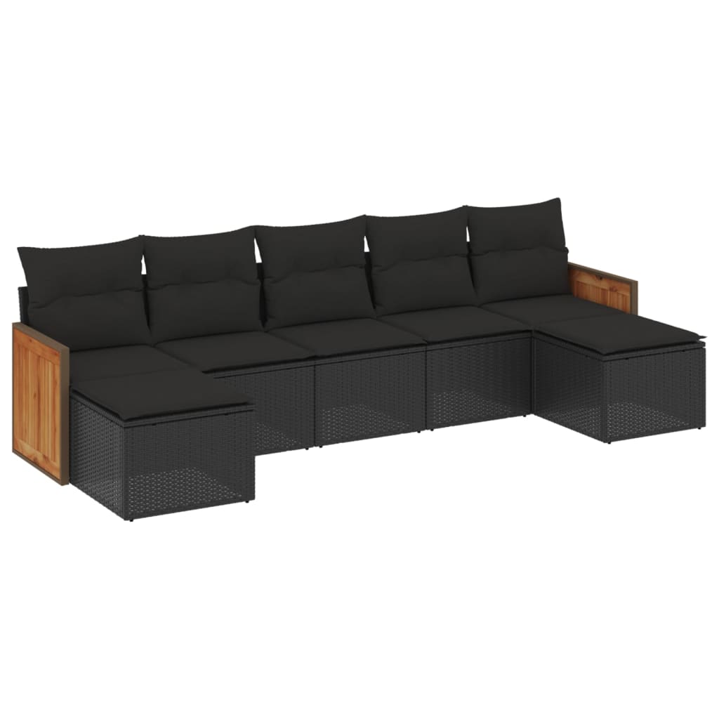 7-delige Loungeset met kussens poly rattan zwart