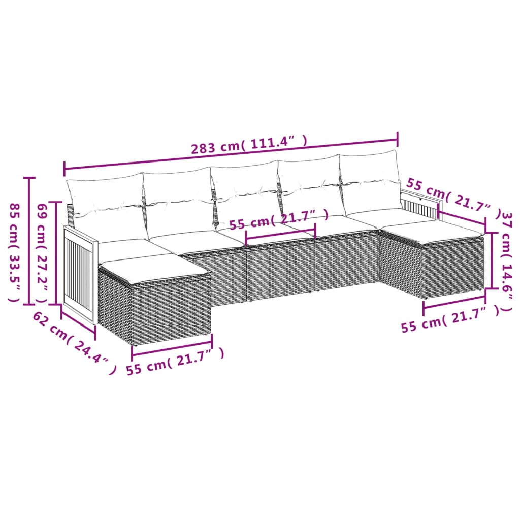 7-delige Loungeset met kussens poly rattan zwart