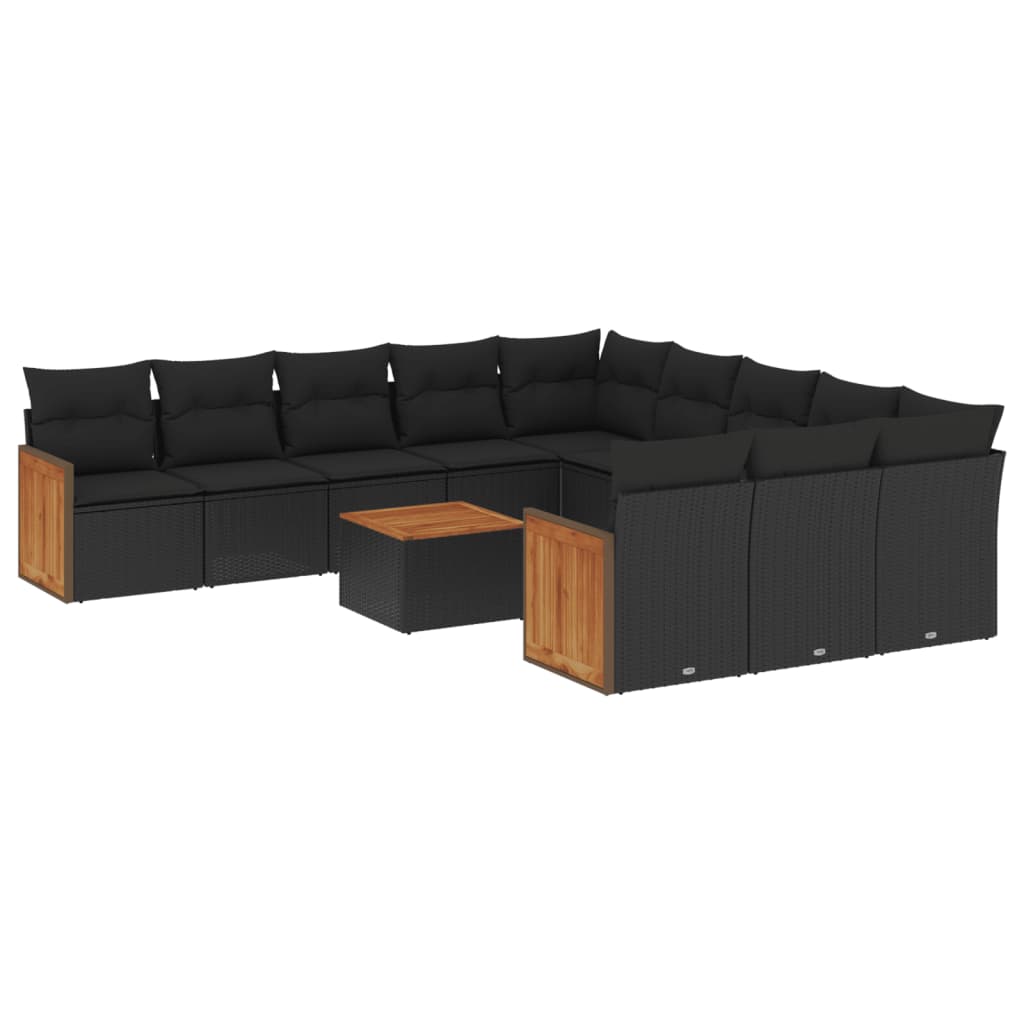 12-delige Loungeset met kussens poly rattan zwart