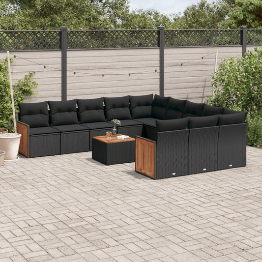 12-delige Loungeset met kussens poly rattan zwart