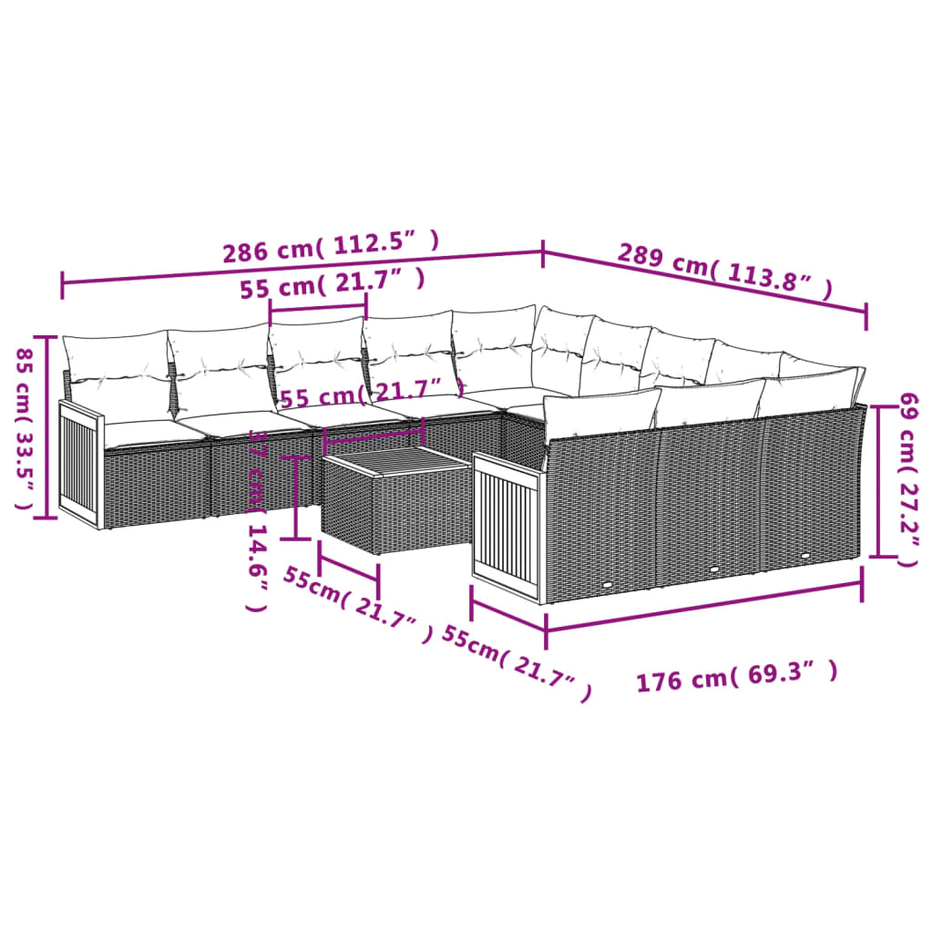 12-delige Loungeset met kussens poly rattan zwart