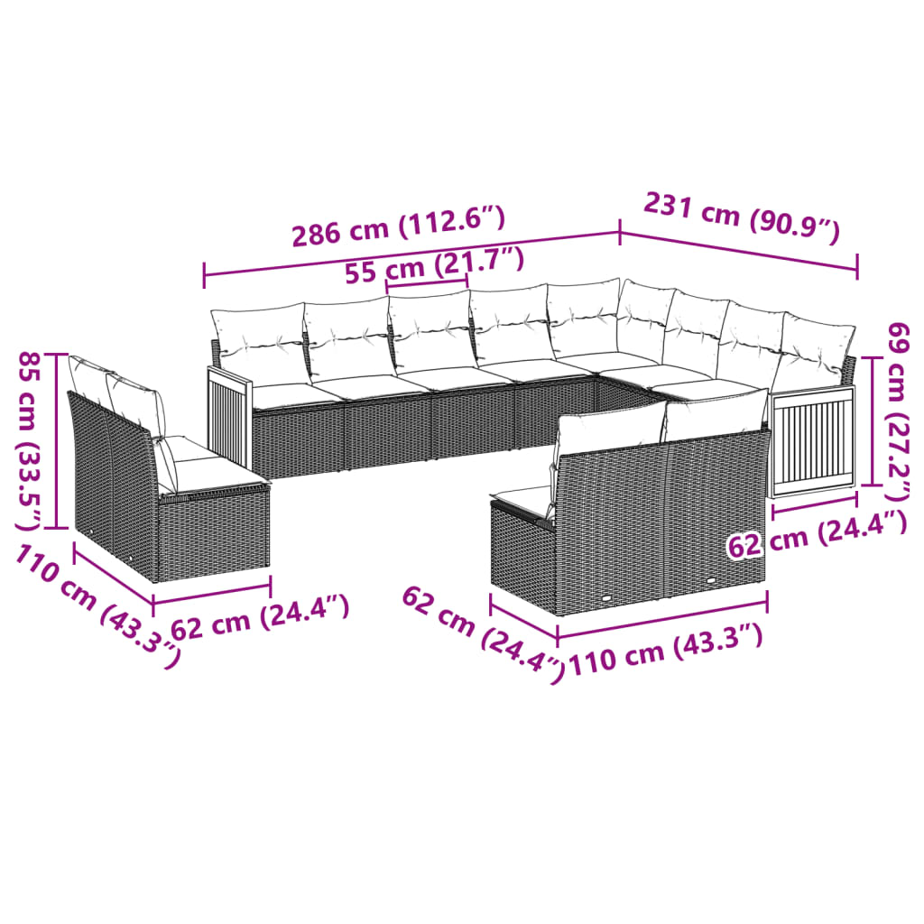 12-delige Loungeset met kussens poly rattan zwart Tuinsets | Creëer jouw Trendy Thuis | Gratis bezorgd & Retour | Trendy.nl