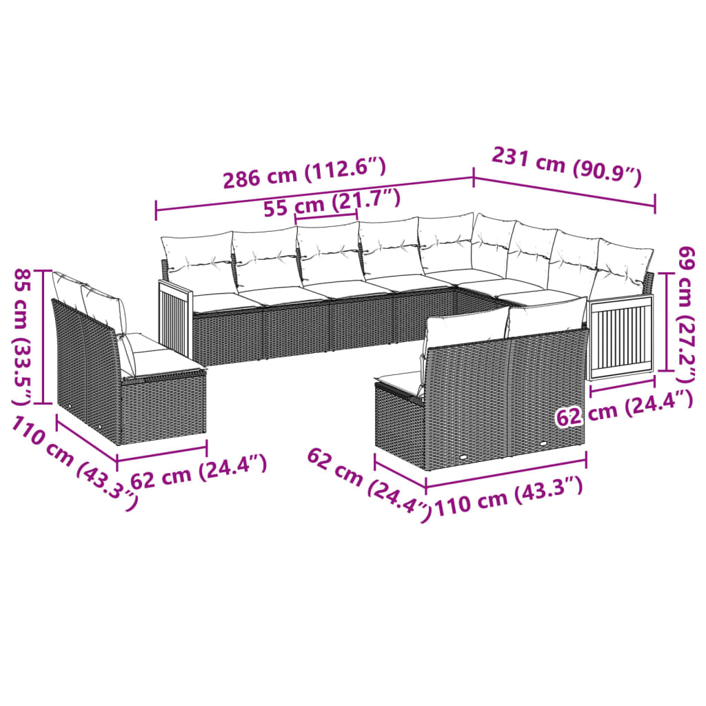 12-delige Loungeset met kussens poly rattan beige