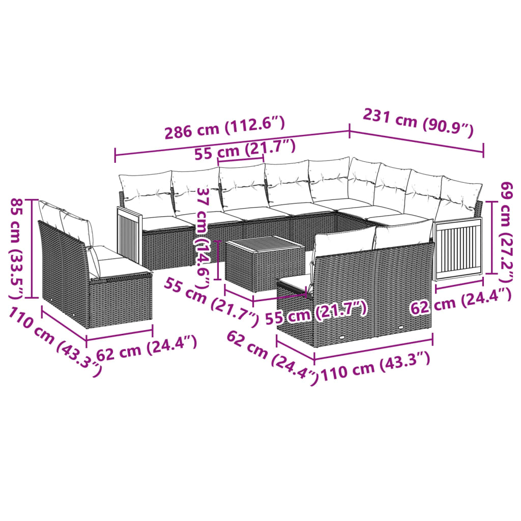 13-delige Loungeset met kussens poly rattan beige