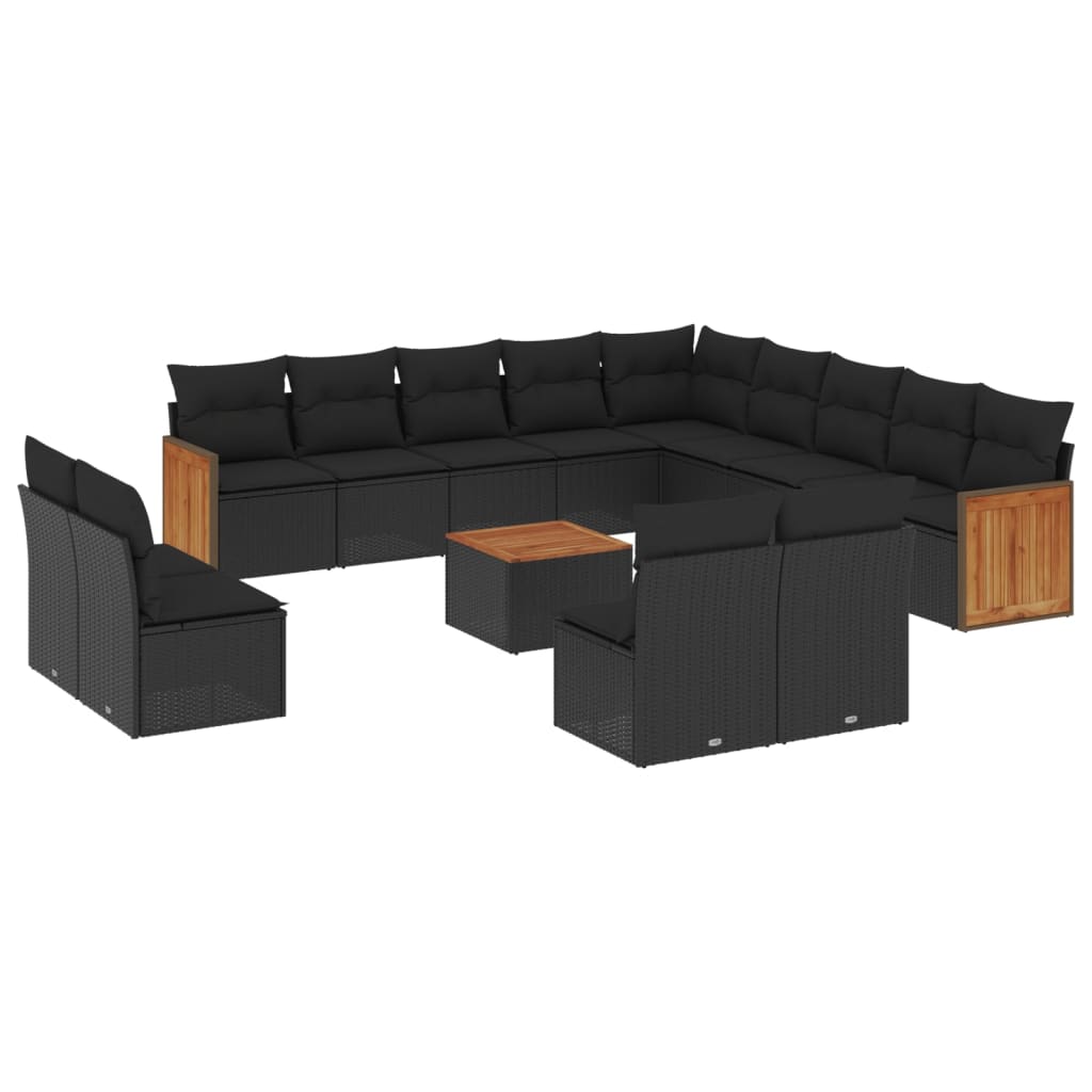 14-delige Loungeset met kussens poly rattan zwart