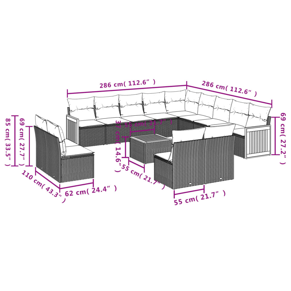 14-delige Loungeset met kussens poly rattan zwart