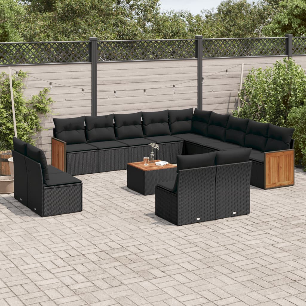 14-delige Loungeset met kussens poly rattan zwart