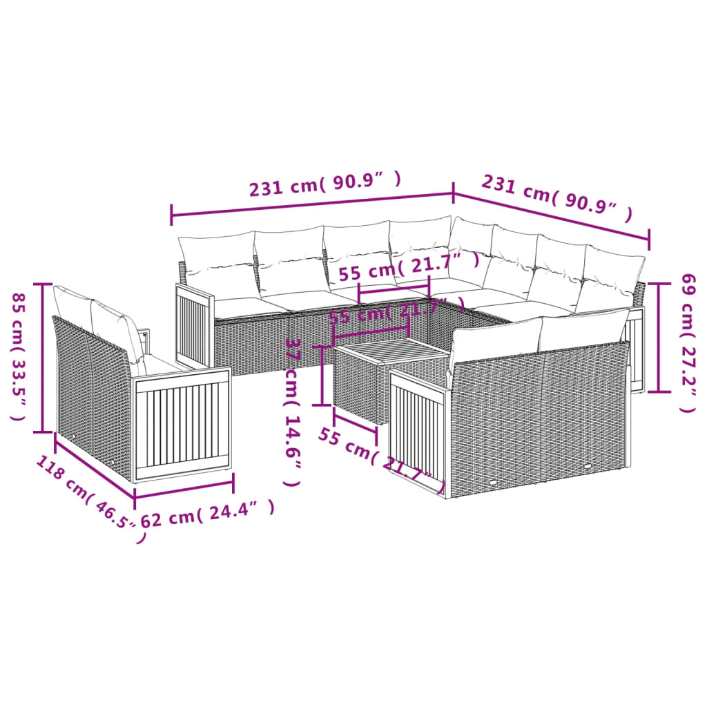 12-delige Loungeset met kussens poly rattan zwart Tuinsets | Creëer jouw Trendy Thuis | Gratis bezorgd & Retour | Trendy.nl