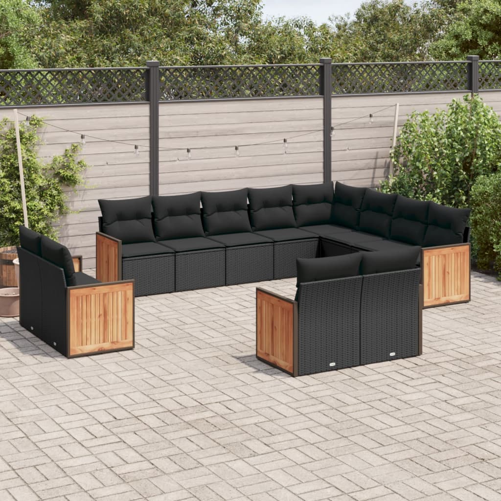 12-delige Loungeset met kussens poly rattan zwart