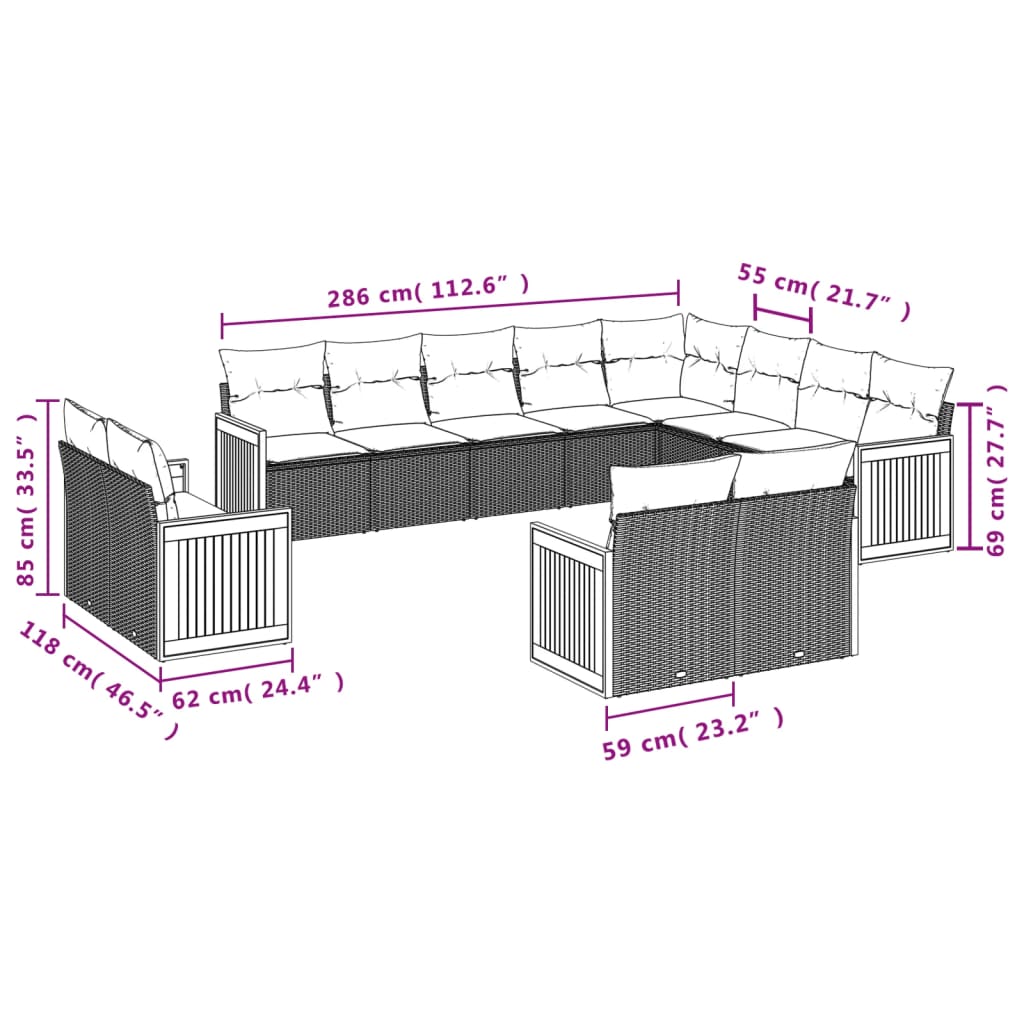 12-delige Loungeset met kussens poly rattan zwart