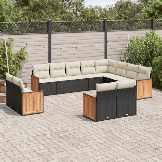 12-delige Loungeset met kussens poly rattan zwart