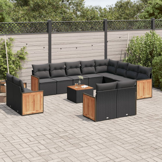 13-delige Loungeset met kussens poly rattan zwart