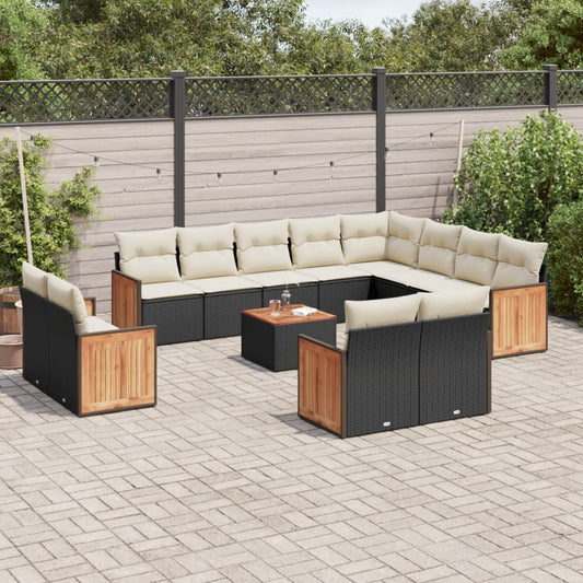 13-delige Loungeset met kussens poly rattan zwart