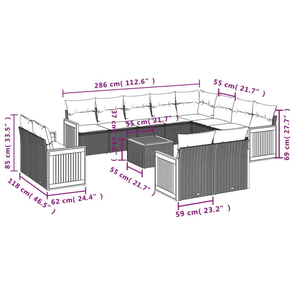 13-delige Loungeset met kussens poly rattan grijs