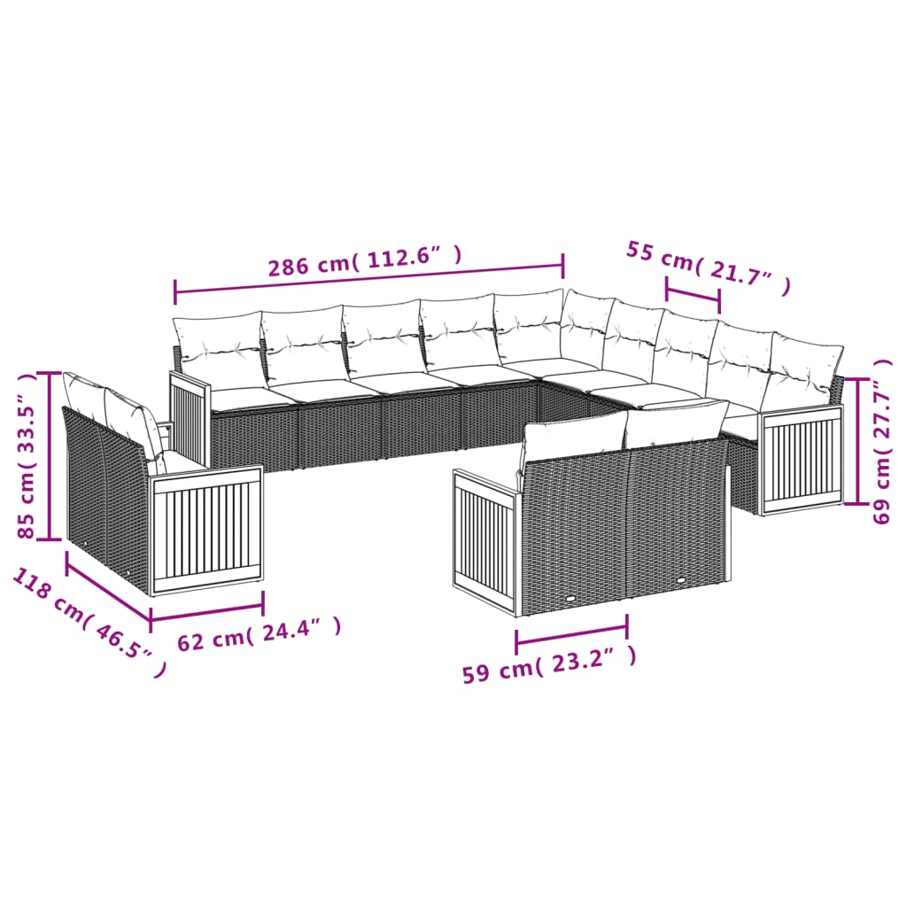 13-delige Loungeset met kussens poly rattan zwart